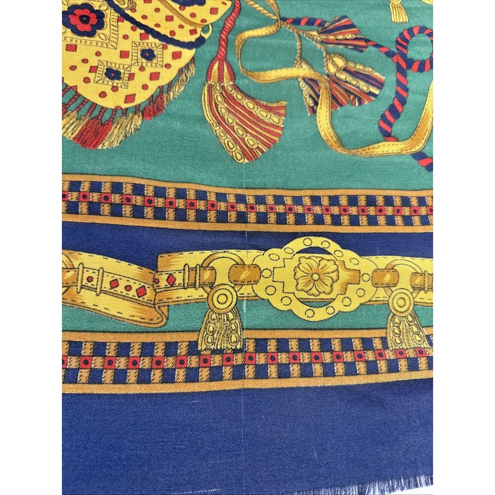 Equestrian Carriage Tassel Scarf Blue Gold Red Large 47x47 Square Vintage - Picture 2 of 7